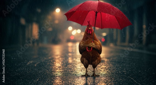 A hen stands in the rain on a city street at night, holding a red umbrella for protection