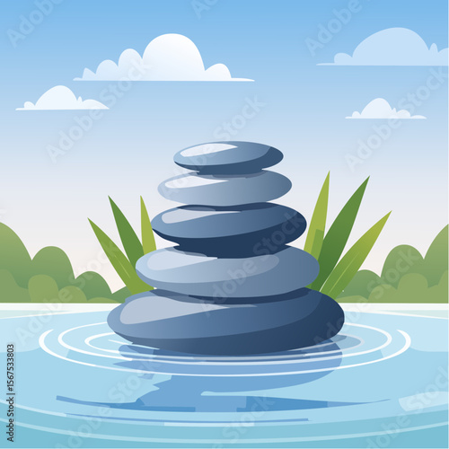 Stack of zen stones with green plant, water in spa. Wellness concept