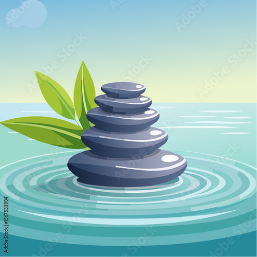 Stack of zen stones with green plant, water in spa. Wellness concept