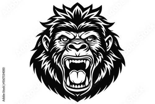Intense roaring gorilla head with sharp teeth displays its primal anger boldly in black