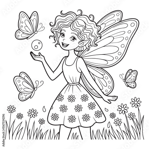 A fairy with butterflies and flowers coloring page art