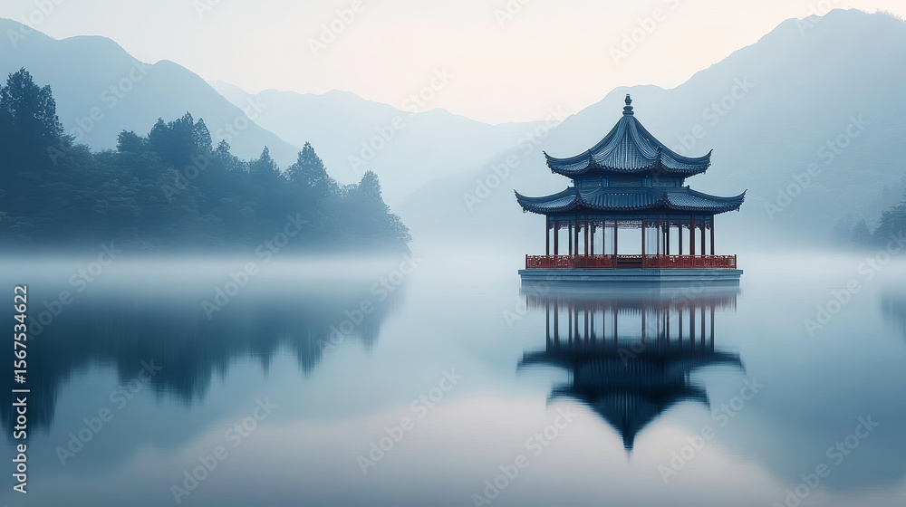 Fototapeta premium A New Chinese-style pavilion on a lake, an ink painting of a landscape.