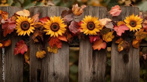 Autumnal sunflowers and leaves adorn a weathered wooden fence.