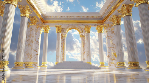 Grand Classic Architecture with Golden Columns and Marble Floor, Expansive Heavenly Temple Interior with Regal Baroque Design, Surreal Sky and Serene Divine Atmosphere
