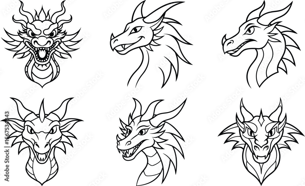 Fototapeta premium Vector art of six different dragon heads isolated on transparent background