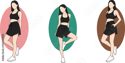Confident Woman in Black Workout Outfit Front View, Stylish Sports Bra and Shorts, Athletic Pose, Trendy Fitness Fashion, Vector 