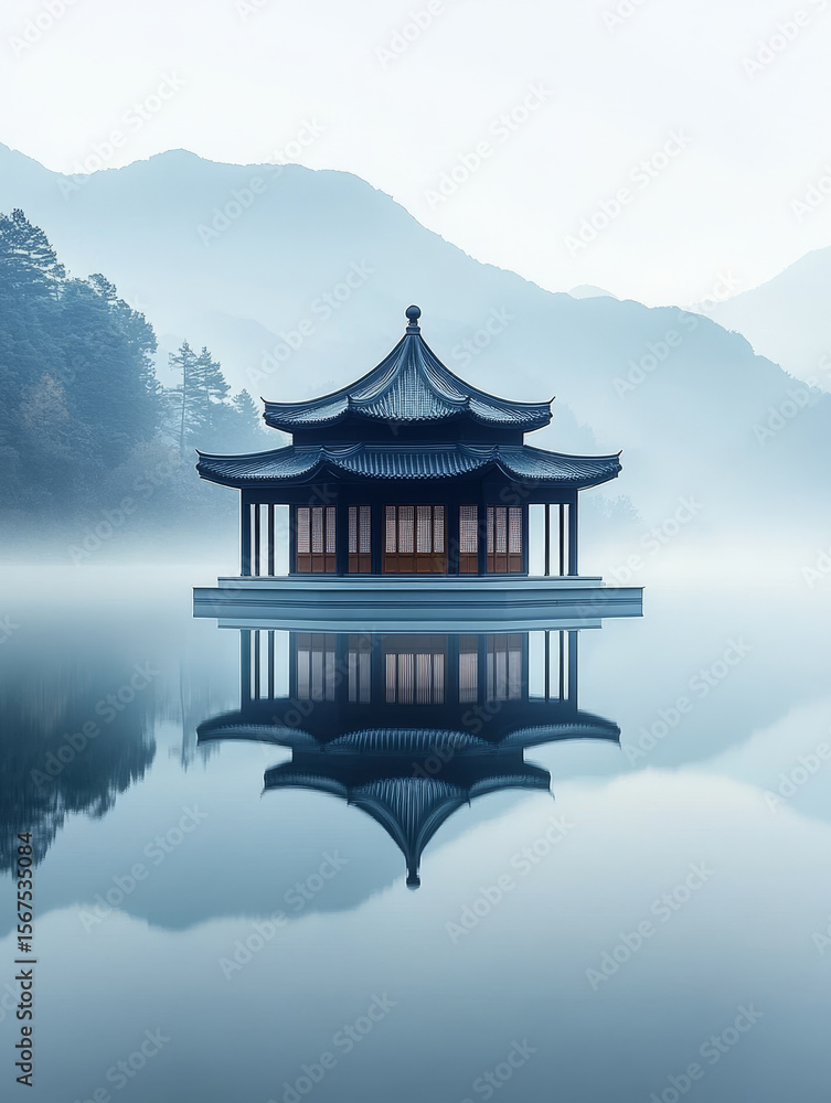 Fototapeta premium A New Chinese-style pavilion on a lake, an ink painting of a landscape.