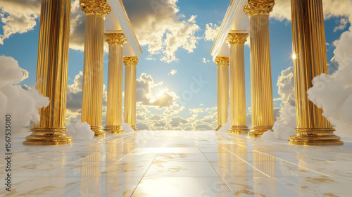 Divine Classical Architecture with Golden Pillars and Marble Floor, Expansive Temple Design Under Serene Sky and Cloudscape, Heavenly Light Shining Through