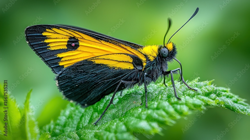 Fototapeta premium Vibrant yellow and black butterfly perched on a leaf