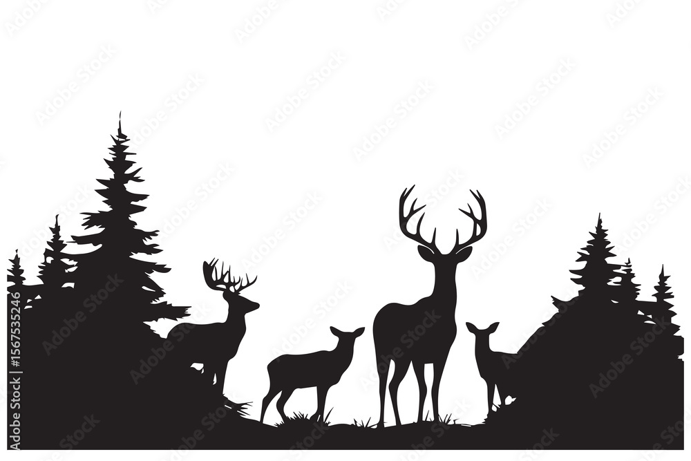 Fototapeta premium Silhouetted Deer Family and Forest Scene in Monochrome Peaceful Wilderness