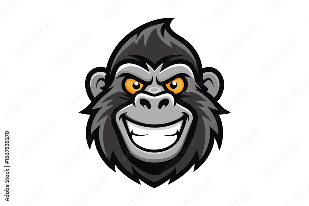 Obraz premium Gray gorilla's head reveals a wide, toothy grin and sharp golden eyes on white