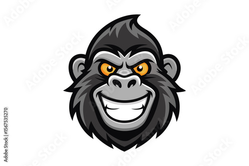 Gray gorilla's head reveals a wide, toothy grin and sharp golden eyes on white