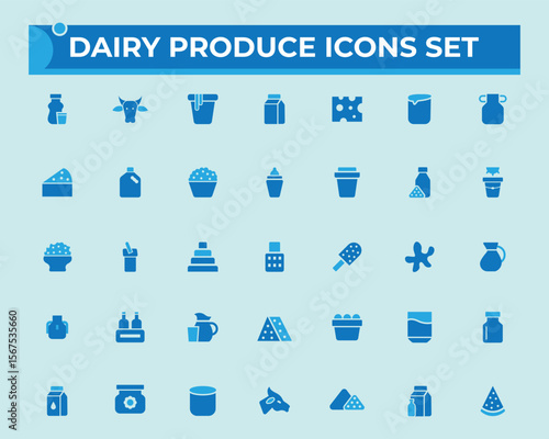 Dairy produce solid icon set. and Milk, Cheese, Butter, Yogurt, Cream, Dairy Farm,  beverage , farming, Cottage cheese, sour cream,. vector illustration. Dairy fill icons.