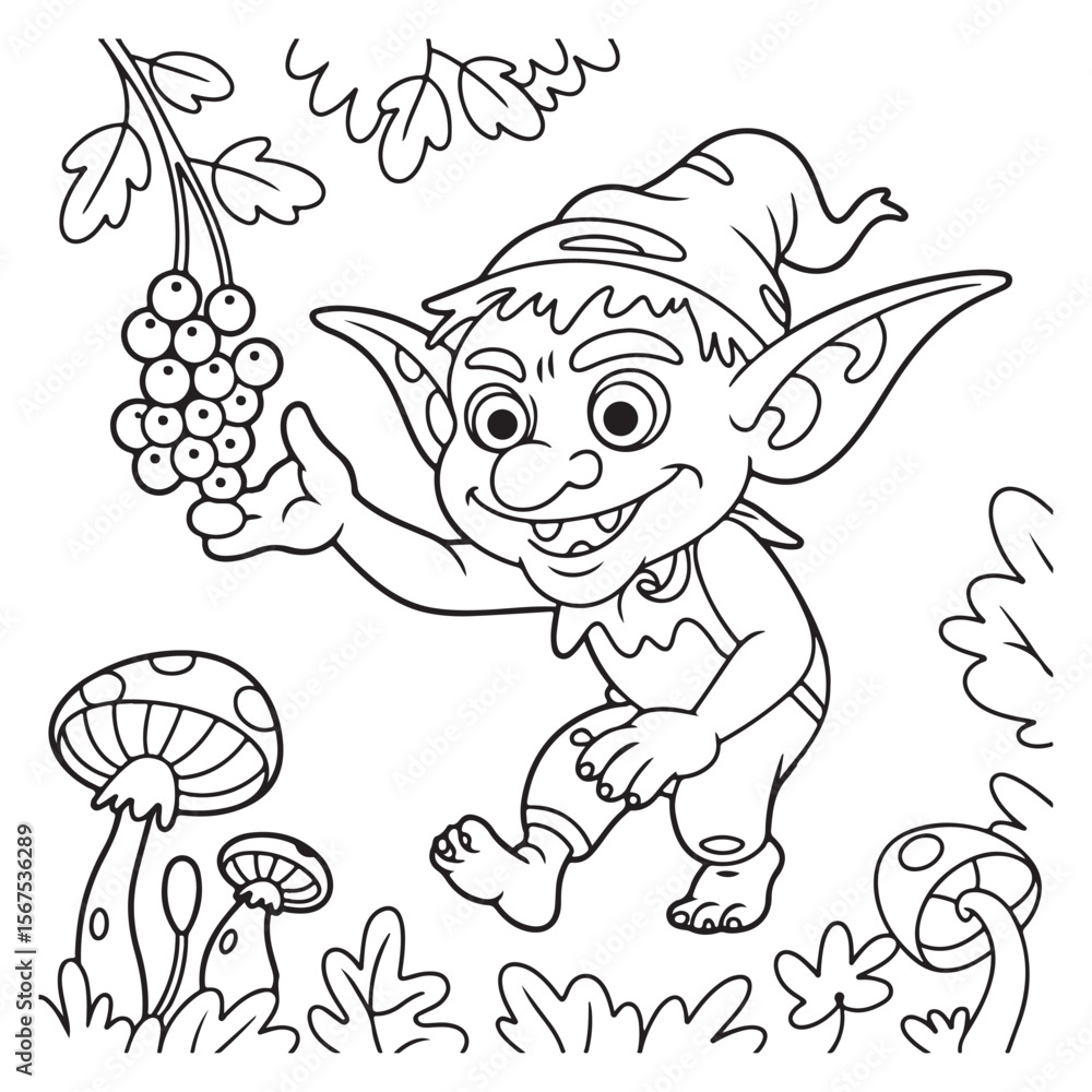 Obraz premium Cartoon elf with berries and mushrooms coloring page art