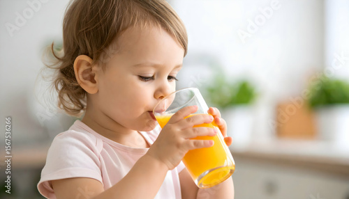 Toddler drinking orange juice at home.