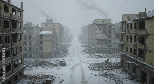 War-torn city street in winter