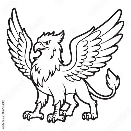 Outline drawing of a griffin with wings spread wide open
