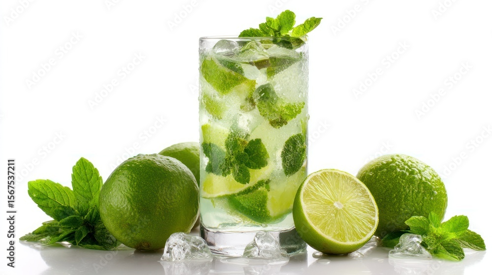 Fototapeta premium Mojito with mint leaves on white