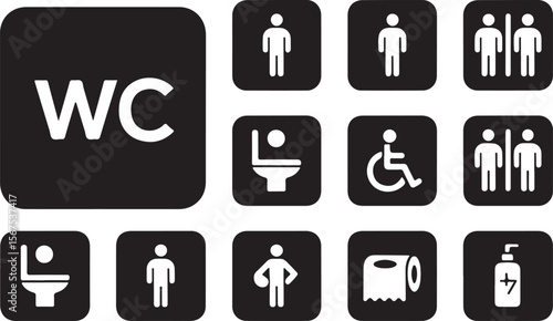Man and woman toilet signs vector icon set featuring restroom pictograms for gender and disabled access