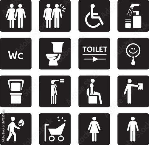 Toilet symbols set: vector flat black pictogram illustration