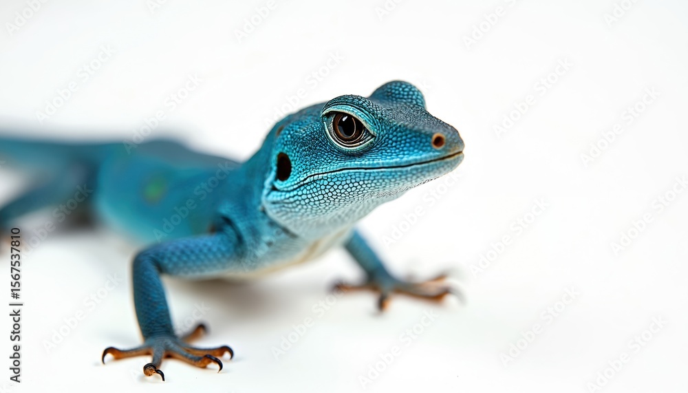 Fototapeta premium Vibrant turquoise lizard rests indoors against clean white background. Reptile features intricate blue skin with subtle green spots, detailed scale pattern. Perfect for wildlife, nature, exotic pet