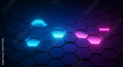 Glowing hexagons form a pattern, with vibrant blue and pink accents. A dark, futuristic background is shown