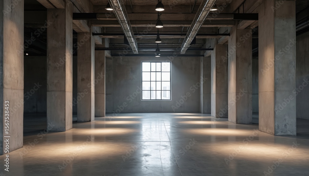 Spacious industrial interior with concrete floor, pillars, ceiling. Large window illuminates urban setting with soft light, creating minimalist, functional atmosphere. Neutral color palette enhances Spacious industrial interior with concrete floor, pillars, ceiling. Large window illuminates urban setting with soft light, creating minimalist, functional atmosphere. Neutral color palette enhances