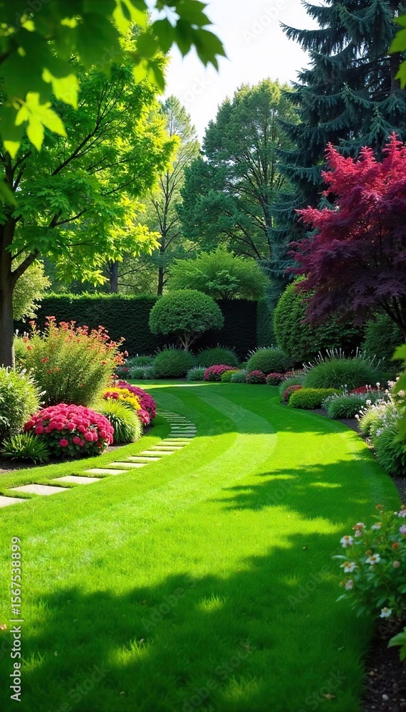 Fototapeta premium Serene Backyard Oasis Lush Lawn, Vibrant Flowers, and Winding Stone Path Perfect for Relaxation and Outdoor Entertaining