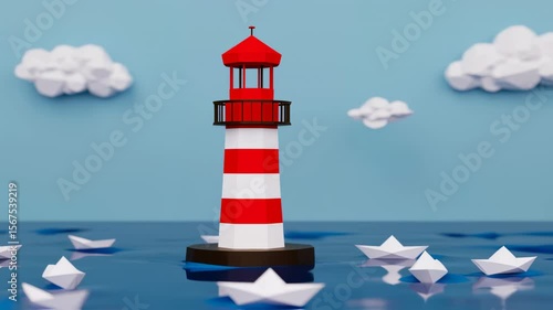 Charming Seascape with Lighthouse, Paper Boats, and Fluffy Clouds for Children
