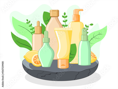 Vector Cosmetic Product Mockup with Natural Elements, Natural Skincare Product Vector with Citrus and Leaves – Perfect for Social Media, Branding, and Product Packaging