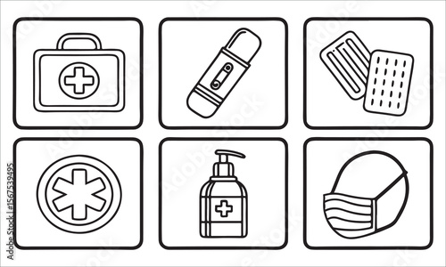 Medical icons first aid kit hand sanitizer mask health