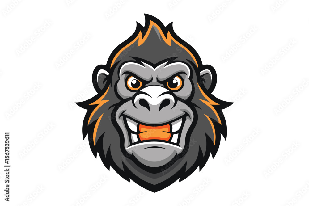 Fototapeta premium Fierce gorilla shows his teeth with orange details on a clean white background
