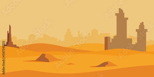 A Post Apocalyptic Desert With The Ruins Of A City Buried In The Sand In A Sad Scene
