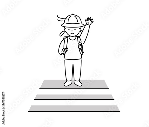 横断歩道で左右確認する子どものイラスト（女子）_線画