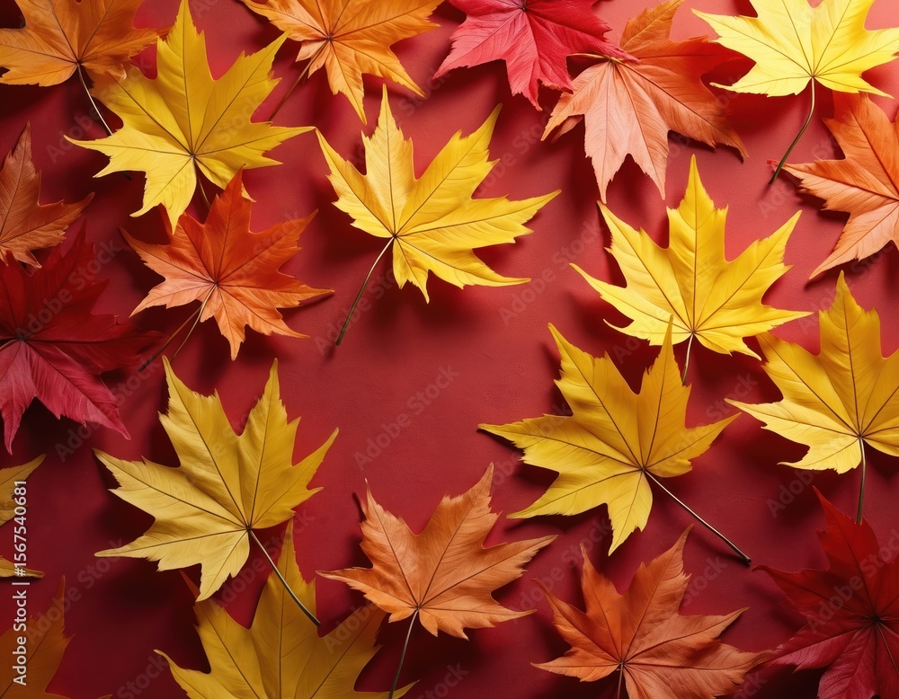 Scattered autumn maple leaves in vibrant red, yellow, and orange hues on deep red background. Seasonal display features distinct five-lobed shape of maple leaves, creating natural, decorative pattern. Scattered autumn maple leaves in vibrant red, yellow, and orange hues on deep red background. Seasonal display features distinct five-lobed shape of maple leaves, creating natural, decorative pattern.