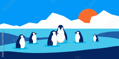 A Colony Of Penguins On An Antarctic Shore With Icebergs In The Background