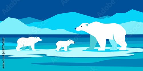 A Polar Bear And Her Cubs Crossing A Landscape Of Ice Floes In A Cold Scene