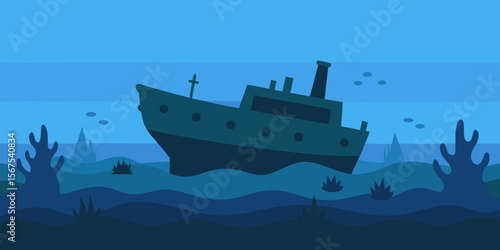 A Mysterious And Sunken Shipwreck On The Ocean Floor With Fish Swimming Around It