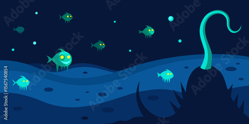 A Deep Sea Trench With Strange And Bioluminescent Creatures In A Dark And Deep Scene