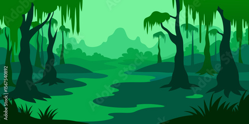 A Lush And Green Swamp With Cypress Trees Draped In Spanish Moss In A Humid Scene