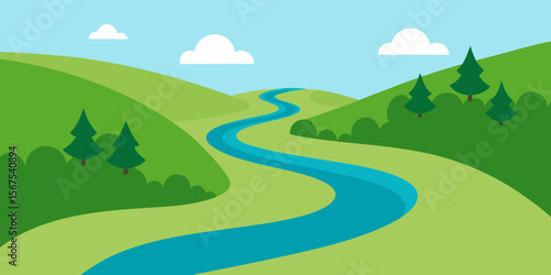 A Lazy River Winding Through A Pastoral Countryside In A Peaceful And Serene Scene