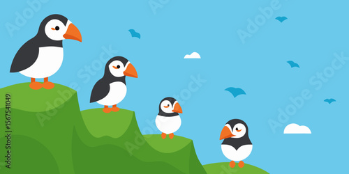 A Puffin Colony On A Grassy Sea Cliff In A Cute And Wild And Natural Life Scene