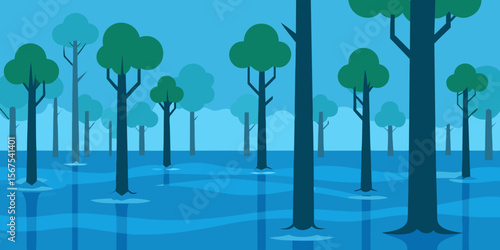 A Flooded Forest With Trees Standing Deep In The Water In A Surreal And Calm Scene