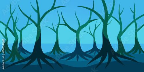 A Mangrove Forest With Tangled Roots Submerged In The Brackish And Murky Water