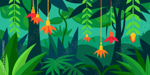 A Dense And Humid Tropical Rainforest With Exotic Plants And A Colorful Toucan