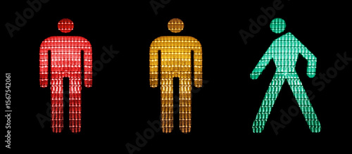 Red, yellow and green figures of a pedestrian traffic light with a black background.