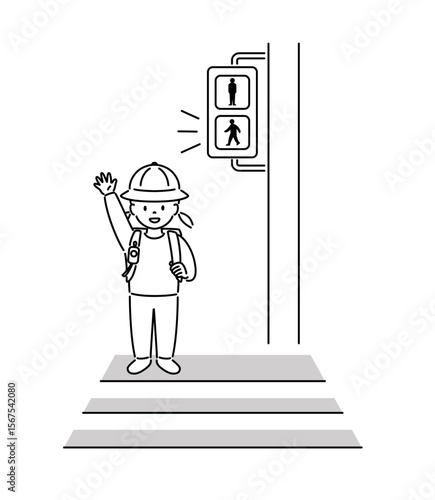 横断歩道で青信号を渡ろうとする子どものイラスト（女子）_線画