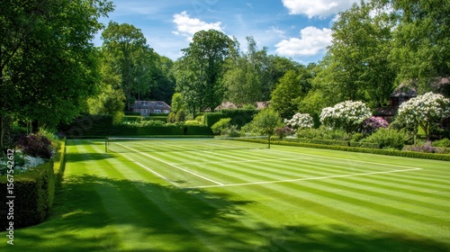 Lush Green Tennis Court Surrounded by Trees and Vibrant Blooms