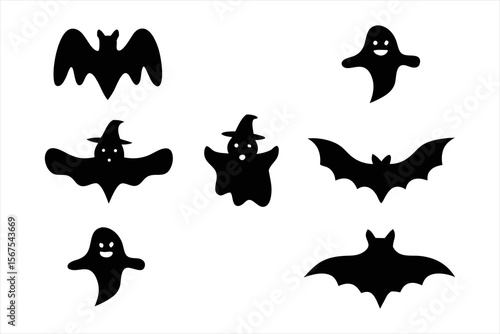 Witch Flying on Broomstick Silhouette - Halloween Bats Vector