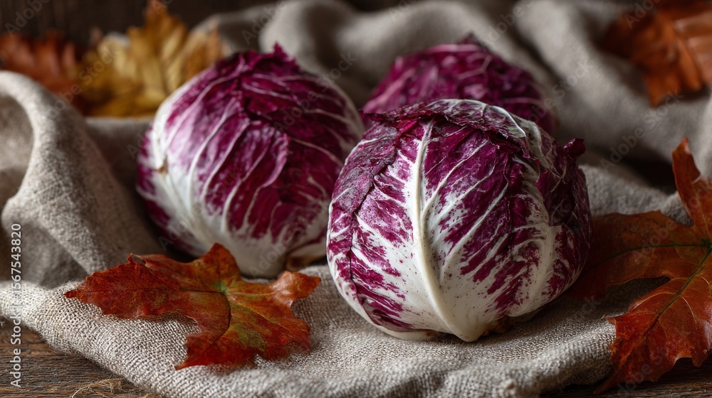 Fototapeta premium Red And White Radicchio On Linen With Autumn Leaves